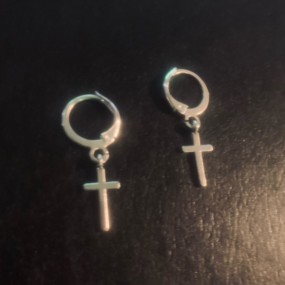 Miniature Cross Hoop Earrings - Picture 6 of 8